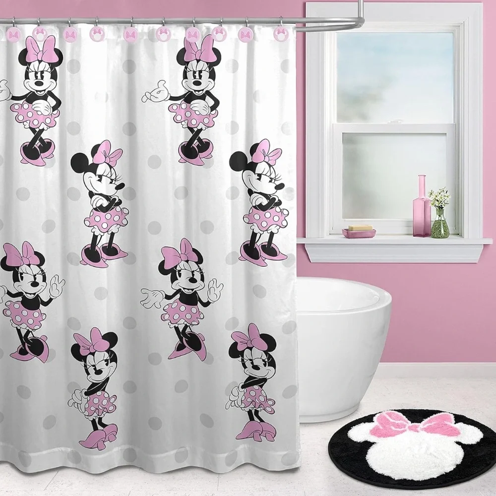 Disney Minnie Mouse 14 Piece Bathroom Set-Shower Curtain, 12 Hooks, & Bath Mat